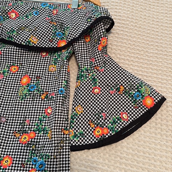 BeBop Black Gingham Plaid Checkered Off Shoulder Floral Mini Dress medium - Picture 3 of 4